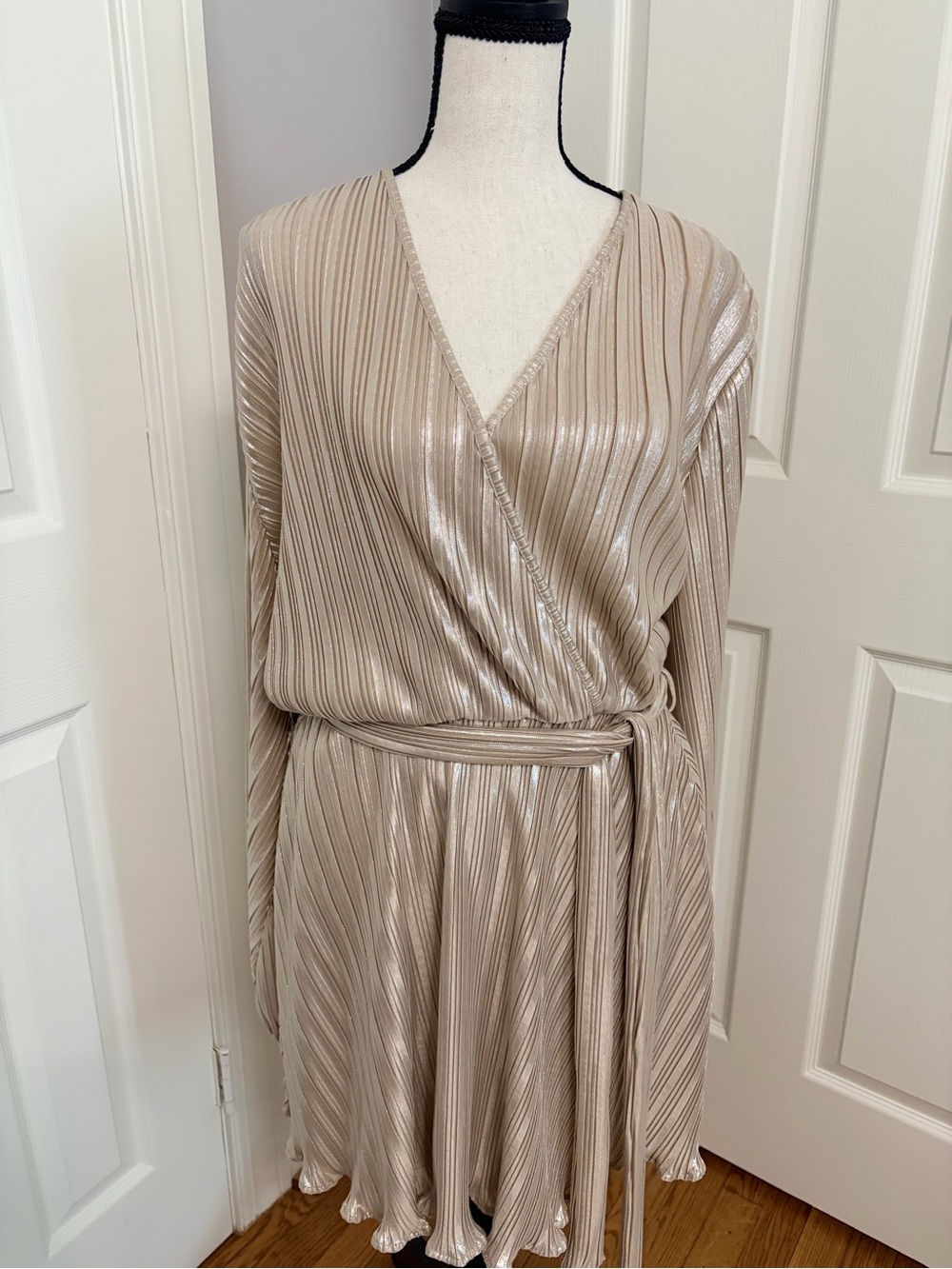 Bardot Metallic Pleated Wrap Dress in Champagne Beige - Picture 6 of 6
